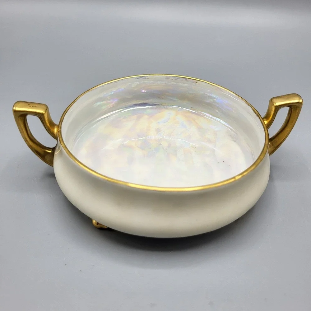 Prov Saxe Germany Trinket Dish Set Vintage Lusterware Gold Trim Footed White